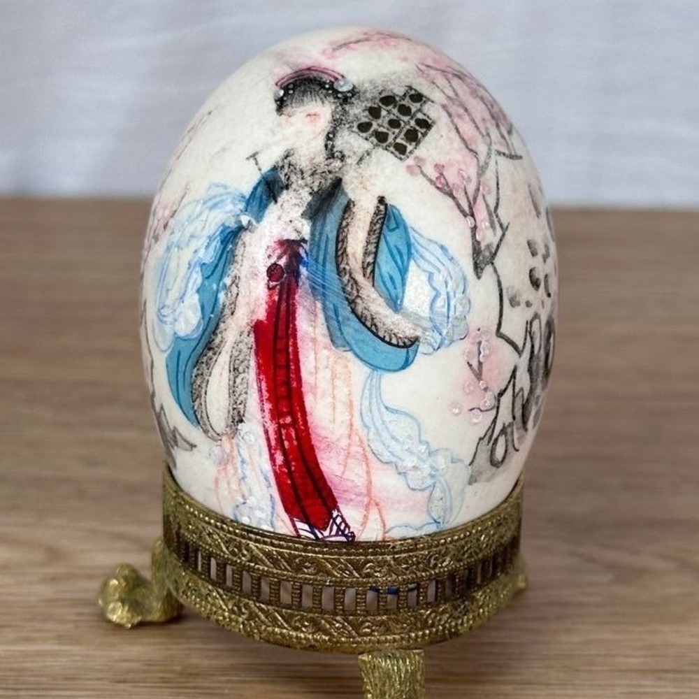 Hand Painted Geisha Cherry Blossom Egg with Ornate Brass Stand Artist Signed
